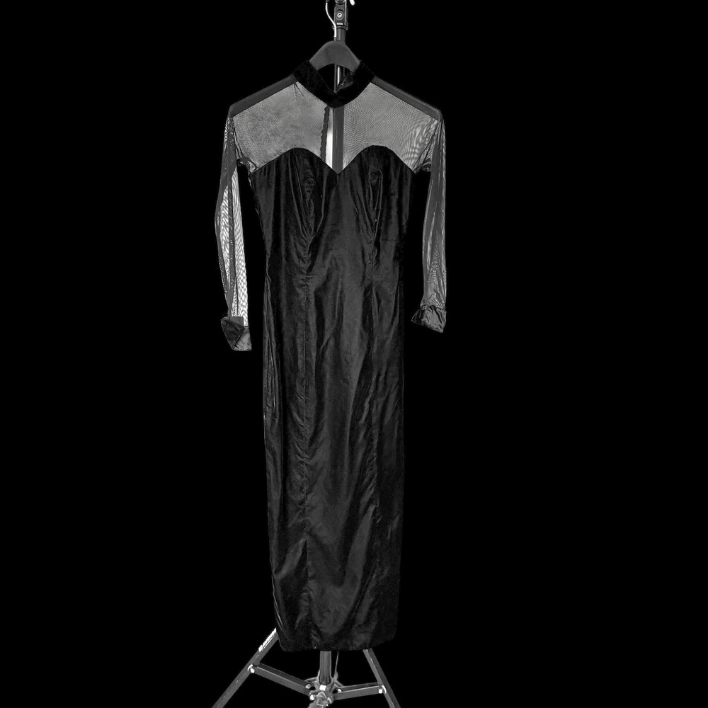 60's Black‎ Velvet Sheer Long Sleeve Whimsigoth Gown Maxi Dress Sweetheart Neck
